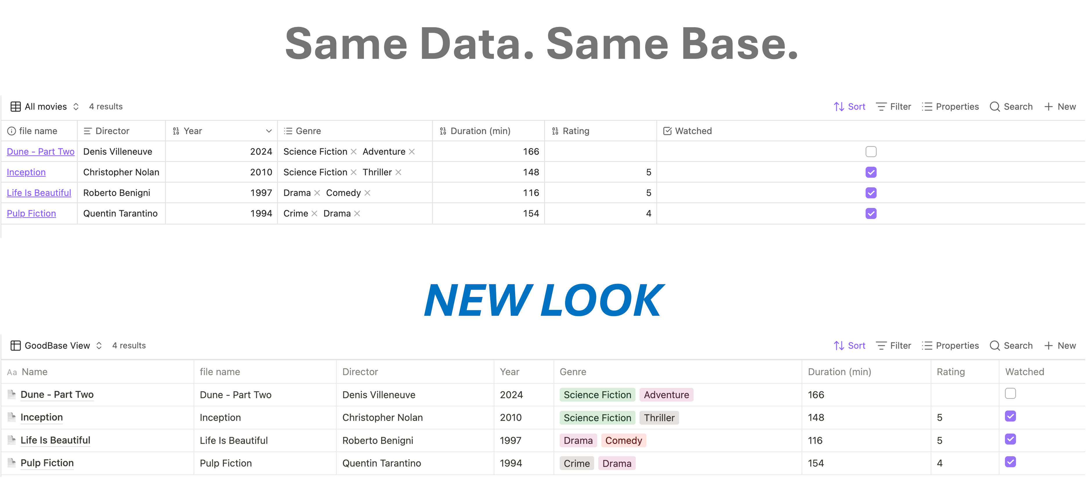 GoodBases rendering an Obsidian Base as a Notion-style table