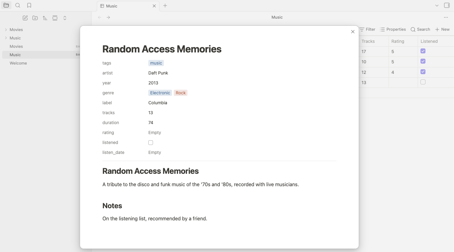 The Notion-style page panel with editable title, properties, and rendered Markdown body